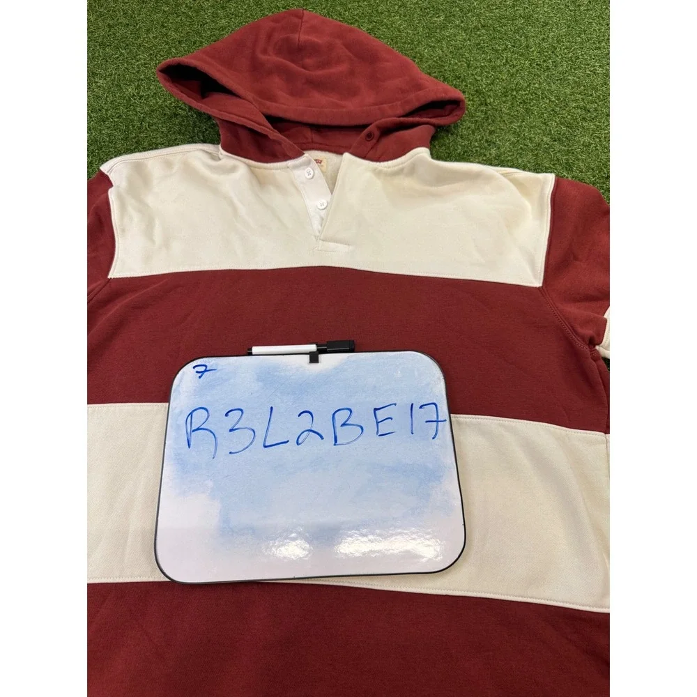 Levis‎ Mens Relaxed Fit Hooded Rugby Shirt Burgundy Cream Striped Fleece Medium